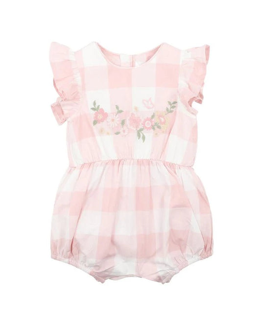 Bebe Lara Embroidered Check Romper - Aster & Ruby
